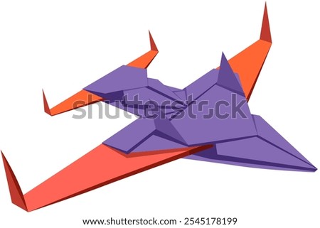 Origami image of a paper military airplane, red brick and violet paper, facing front right
