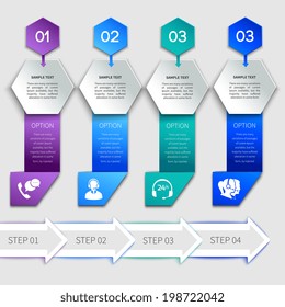 Origami infographics service elements template with ribbon options and icons vector illustration