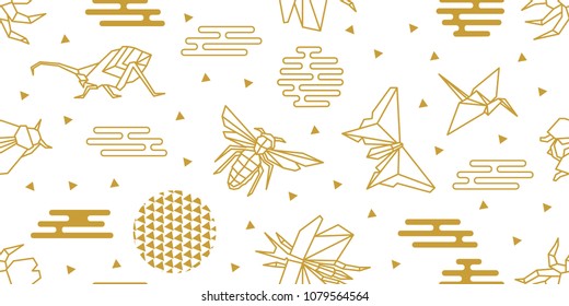 	
Origami insects and birds. Seamless vector pattern with butterflies, bees, beetles, flies and abstract geometric elements. White and golden print with Japanese and Chinese paper art motifs.