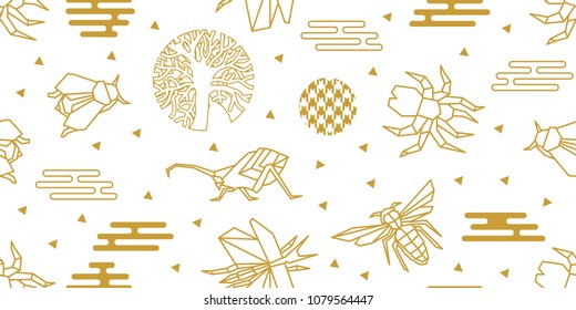 	
Origami insects. Seamless vector pattern with butterflies, bees, beetles, flies and abstract geometric elements. White and golden print with Japanese and Chinese paper art motifs.