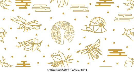 Origami insects. Seamless vector pattern with dragonflies, snails, beetles, bees and abstract geometric elements. White and golden print with Japanese and Chinese paper art motifs.