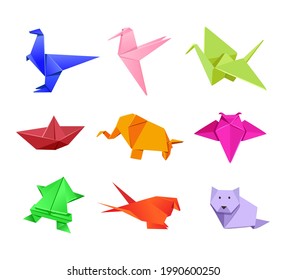 Origami Japanese animal illustrations set in cartoon style. Cute paper animals. Dinosaur, humming bird, crane, boat, elephant, fly, frog, bird, wolf, dog. Art concept for advertisement, banner designs