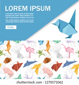 Origami japanese animal set. Modern hobby. Flat vector illustration on white background. Colorful paper animals, low polygonal design. Place for text. Website and app design.