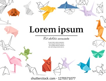 Origami japanese animal set. Modern hobby. Flat vector illustration on white background. Colorful paper animals, low polygonal design. Place for text. Website and app design.