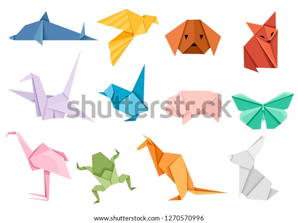 折り紙の日本の動物セット 現代の趣味 白い背景に平らなベクターイラスト カラフルな紙の動物 低多角形デザイン のベクター画像素材 ロイヤリティフリー