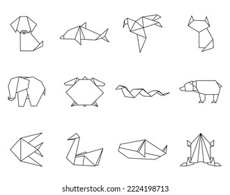 Origami japanese animals set icons. Modern hobby. Polygon folded paper figure toy. Art of paper folding. Cartoon geometric wild animal shaped figures. Vector illustration