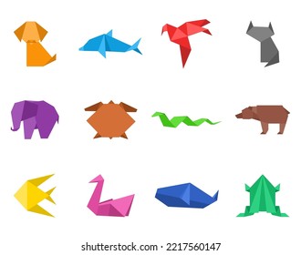 Origami japanese animals set. Modern hobby. Polygon folded paper color figure toy. Art of paper folding. Cartoon geometric wild animal shaped figures. Vector illustration