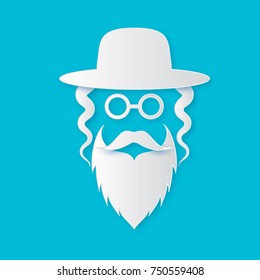 Origami Jewish men in the traditional clothing. Ortodox Jew hat,mustache, glasses, sidelocks and beard. Man concept. Israel people. White Paper cut style. Vector illustrator