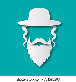 Origami Jewish men in the traditional clothing. Ortodox Jew hat,mustache, sidelocks and beard. Man concept. Israel people. White Paper cut style. Vector illustrator