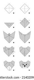 Origami koala. 10 steps to create a koala face using paper