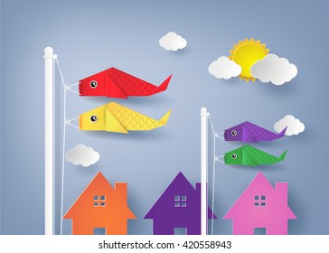 origami koi nobori with blu sky.paper art style.
