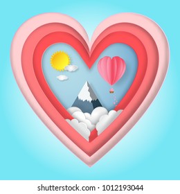 Origami layer design of sunny,  pink hot air balloon, mountain and clouds in heart love background as paper art, craft style and valentine's day concept. vector illustrator.