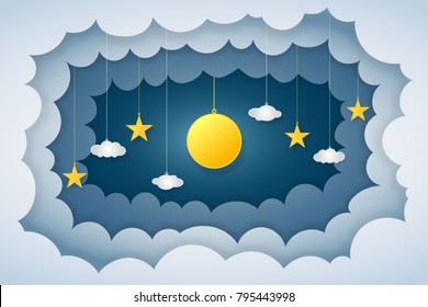 Origami layer of full moon, clouds and stars in the night as paper art and craft style concept. vector illustrator.