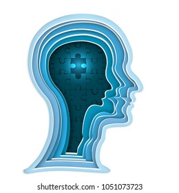 Origami layer of glowing Jigsaw brain in red human head isolated on white background as business, idea, paper carve art and craft style concept. vector illustration.
