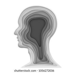 Capa de originami de cabeza gris humana como concepto de negocios, salud, medicina, arte de tallado de papel y estilo artesanal. ilustración vectorial.