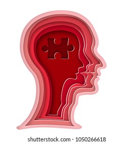 Origami layer of Jigsaw brain in red human head isolated on white background as business, idea, paper carve art and craft style concept. vector illustration.