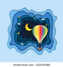 Origami layer skyscape of businessman in the colorful hot air balloon, half moon, clouds and stars in the dark night as paper art and craft style concept. vector illustrator.