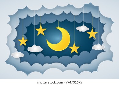Origami layer skyscape of half moon, clouds and stars in the night as paper art and craft style concept. vector illustrator.