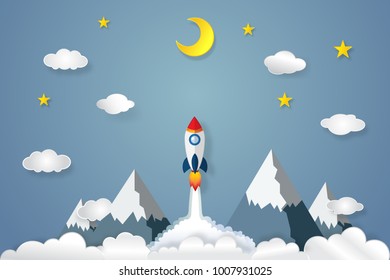 Origami layer skyscape of mountain, rocket launch flying, half moon, stars and clouds in the night as paper art, craft style and start up concept. vector illustrator.