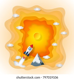 Origami layer skyscape of mountain, rocket launch flying, sunny and clouds in the hot weather as paper art, craft style and start up concept. vector illustrator.