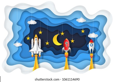Origami Layer Skyscape von Raketen-Start, Halbmond, Sterne und Wolken in der Nacht als Papier-Kunst, Handwerk Stil und Start-up-Konzept. Vektorgrafik-Illustrator.