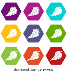 Origami leaf icons 9 set coloful isolated on white for web