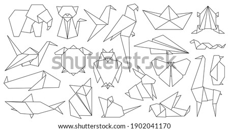 Origami line animals. Paper geometric graphic logo and icon bird, fox, crane, mouse, shark and elephant. Outline abstract animal vector set. Illustration origami hobby, chinese fox and shark paper