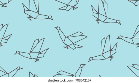 Origami linear dove bird seamless pattern on blue background. Japanese outline vector ornament. Endless texture can be used for wallpaper, web page background, surface, textile print..