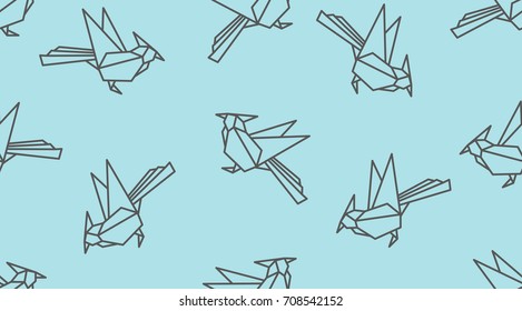 Origami linear woodpecker bird seamless pattern. Japanese outline vector ornament. Endless texture can be used for wallpaper, web page background, surface, textile print..