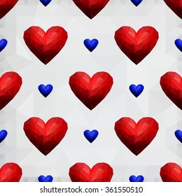 Origami low poly blue heart, red heart on white polygonal background. Vector seamless pattern. Polygonal style. Decoration icons buttons for banner, card, logo, background for Valentines day