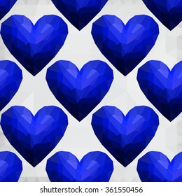 Origami low poly deep blue heart on white polygonal background. Vector seamless pattern. Polygonal style. Decoration icons buttons for banner, card, logo, background for Valentines day