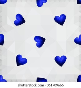 Origami low poly deep blue heart on white polygonal background. Vector seamless pattern. Polygonal style. Decoration icons buttons for banner, card, logo, background for Valentines day