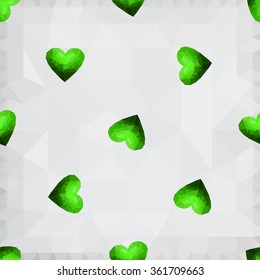 Origami low poly green heart on white polygonal background. Vector seamless pattern. Polygonal style. Decoration icons buttons for banner, card, logo, background for Valentines day