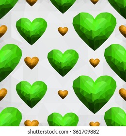 Origami low poly green heart, yellow heart on white polygonal background. Vector seamless pattern. Polygonal style. Decoration icons buttons for banner, card, logo, background for Valentines day
