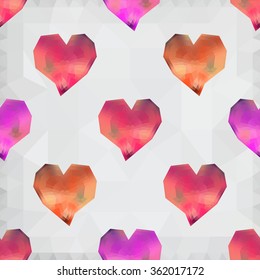 Origami low poly heart, red heart, tender heart on white polygonal background. Vector seamless pattern. Polygonal style. Decoration icons buttons for banner, card, logo, background for Valentines day