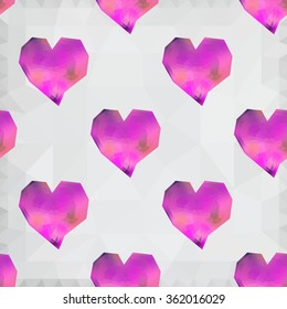 Origami low poly lavender heart on white polygonal background. Vector seamless pattern. Polygonal style. Decoration icons buttons for banner, card, logo, background for Valentines day
