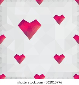 Origami low poly lowpoly heart on white polygonal background. Vector seamless pattern. Polygonal style. Decoration icons buttons for banner, card, logo, background for Valentines day
