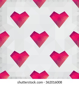 Origami low poly lowpoly heart on white polygonal background. Vector seamless pattern. Polygonal style. Decoration icons buttons for banner, card, logo, background for Valentines day