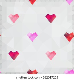 Origami low poly lowpoly heart, soft warm pink heart on white polygonal background. Vector seamless pattern. Polygonal. Decoration icons buttons for banner, card, logo, background for Valentines day