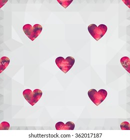 Origami low poly pink heart and tender heart on white polygonal background. Vector seamless pattern. Polygonal style. Decoration icons buttons for banner, card, logo, background for Valentines day
