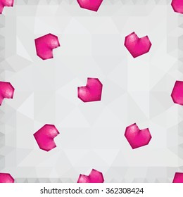 Origami low poly pink heart on white polygonal background. Vector seamless pattern. Polygonal style. Decoration icons buttons for banner, card, logo, background for Valentines day