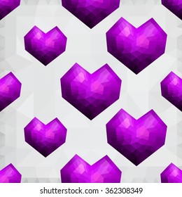 Origami low poly purple heart on white polygonal background. Vector seamless pattern. Polygonal style. Decoration icons buttons for banner, card, logo, background for Valentines day