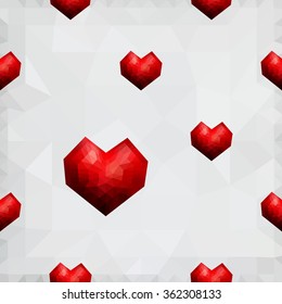 Origami low poly red heart on white polygonal background. Vector seamless pattern. Polygonal style. Decoration icons buttons for banner, card, logo, background for Valentines day