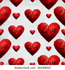 Origami low poly red heart, heart, tender heart on white polygonal background. Vector seamless pattern. Polygonal style. Decoration icons buttons for banner, card, logo, background for Valentines day