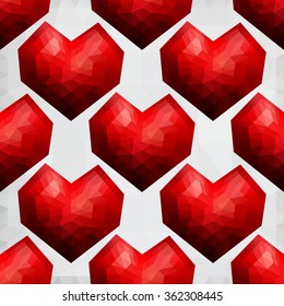 Origami low poly red heart on white polygonal background. Vector seamless pattern. Polygonal style. Decoration icons buttons for banner, card, logo, background for Valentines day