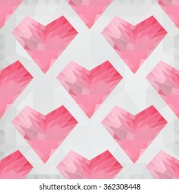 Origami low poly soft heart on white polygonal background. Vector seamless pattern. Polygonal style. Decoration icons buttons for banner, card, logo, background for Valentines day