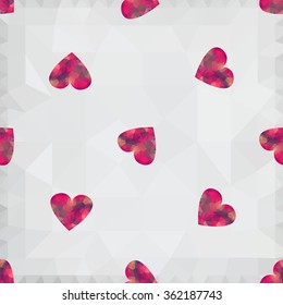 Origami low poly tender heart on white polygonal background. Vector seamless pattern. Polygonal style. Decoration icons buttons for banner, card, logo, background for Valentines day