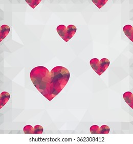 Origami low poly tender heart on white polygonal background. Vector seamless pattern. Polygonal style. Decoration icons buttons for banner, card, logo, background for Valentines day