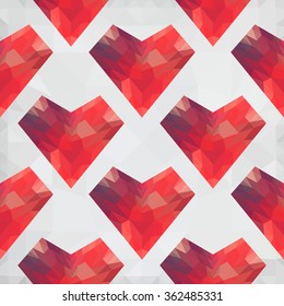 Origami low poly warm pink heart on white polygonal background. Vector seamless pattern. Polygonal style. Decoration icons buttons for banner, card, logo, background for Valentines day
