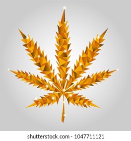 Origami. Low-poly style. Gold vector leaf of marijuana from glass slices
